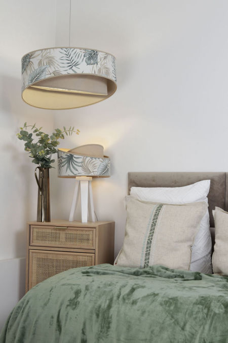 Designerska kremowa lampa wisząca boho w tropikalne liście, asymetryczna forma - ENA