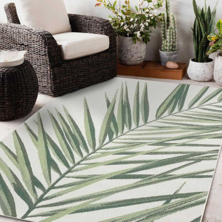 Dywan na balkon i taras, sznurkowy, kremowy z zieloną palmą, styl boho - JUNGLE