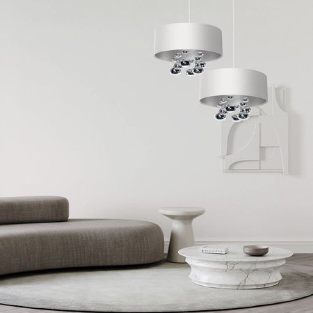 Elegancka biała lampa wisząca glamour, srebrne kule, satynowa, do salonu i jadalni - BUBBLE