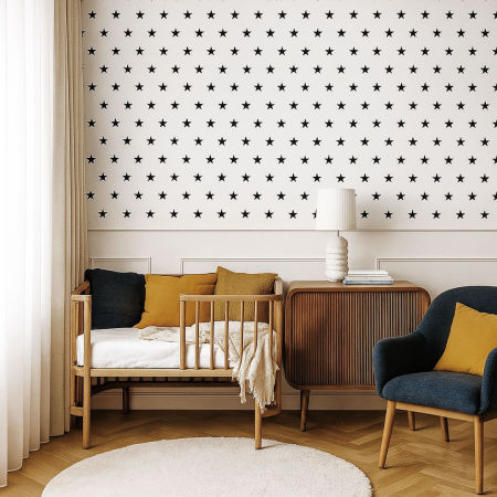 Biała tapeta w czarne gwiazdki 5 cm