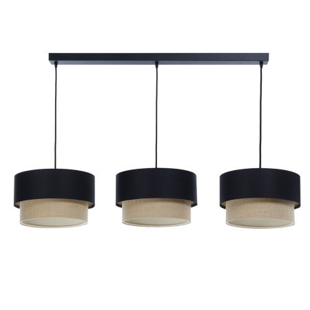 Elegancka lampa sufitowa BOHO czarno-beżowa, podwójne abażury z satyny i juty, na listwie