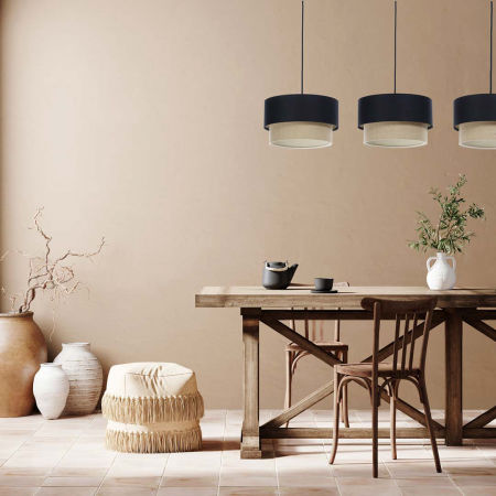 Elegancka lampa sufitowa BOHO czarno-beżowa, podwójne abażury z satyny i juty, na listwie