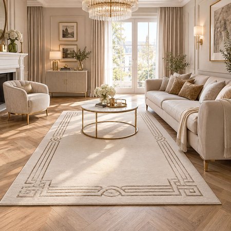 Elegancki dywan beżowy z greckim meandrem, ponadczasowy wzór geometryczny z ramką - ALLURE