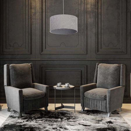 Szara lampa wisząca z walcowym kloszem z weluru w czarną pepitkę