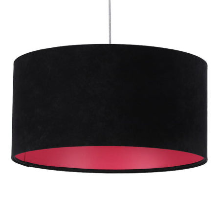 Czarna lampa wisząca, welurowa, z walcowym abażurem z różowym wnętrzem GLORIA