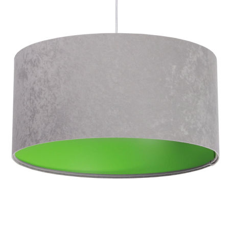Szaro-zielona lampa wisząca z okrągłym, walcowym kloszem z weluru KAMELIA