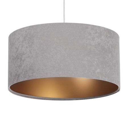 Szara lampa wisząca z welurowym abażurem ze złotym wnętrzem w kształcie walca KAMELIA