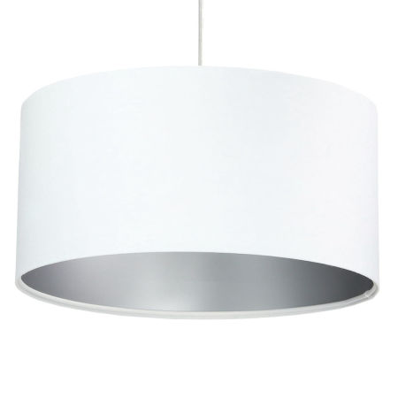 Biała lampa wisząca z welurowym, walcowym abażurem ze srebrnym wnętrzem LILIA