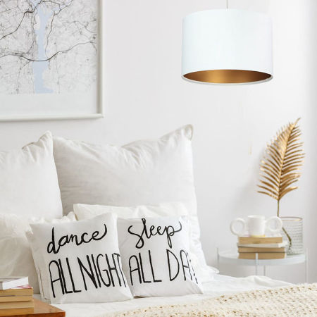 Biała lampa wisząca z welurowym abażurem w kształcie walca ze złotym wnętrzem LILIA