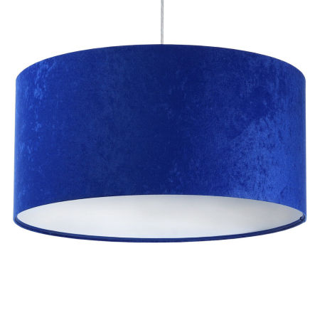 Kobaltowo-biała lampa wisząca z welurowym kloszem w kształcie walca ALPANA