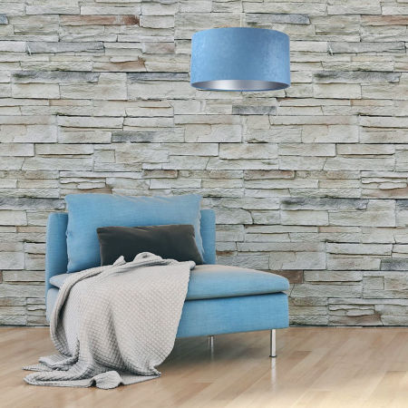 Niebiesko-srebrna lampa wisząca z abażurem, welurowa, walcowa ANGARIKA