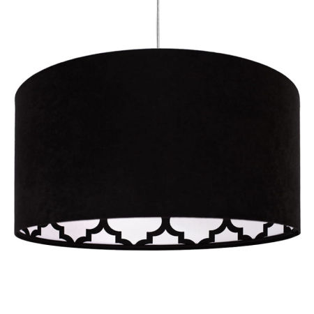 Czarna lampa wisząca z abażurem z weluru AURELIA w biało-czarny wzór marokańskiej koniczyny