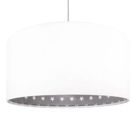 Biała lampa wisząca z welurowym kloszem z szarym wnętrzem w białe gwiazdki w kształcie walca ŚNIEŻKA
