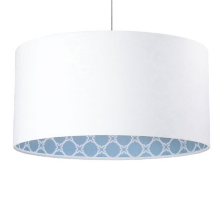 Biała lampa wisząca z abażurem w kształcie walca z niebieskim wnętrzem w biały wzorek ANASTAZJA