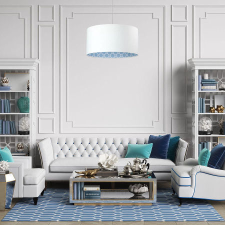 Biała lampa wisząca z abażurem w kształcie walca z niebieskim wnętrzem w biały wzorek ANASTAZJA