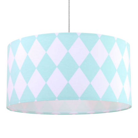 Miętowo-biała lampa wisząca z walcowym abażurem z weluru w duże romby