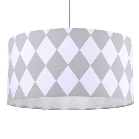Szaro-biała lampa wisząca z welurowym abażurem w duże romby