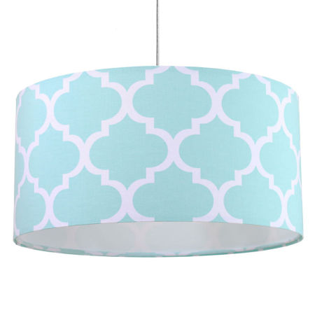 Miętowa lampa abażurowa w kształcie walca z weluru w białą marokańską koniczynę MAROKO