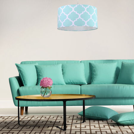 Miętowa lampa abażurowa w kształcie walca z weluru w białą marokańską koniczynę MAROKO