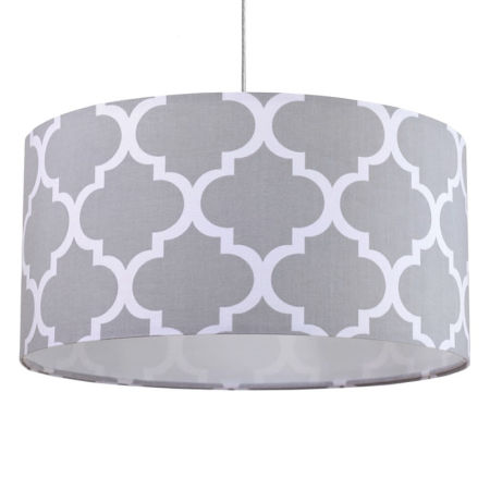 Szaro-biała lampa wisząca z abażurem z weluru MAROKO wzór marokańska koniczyna