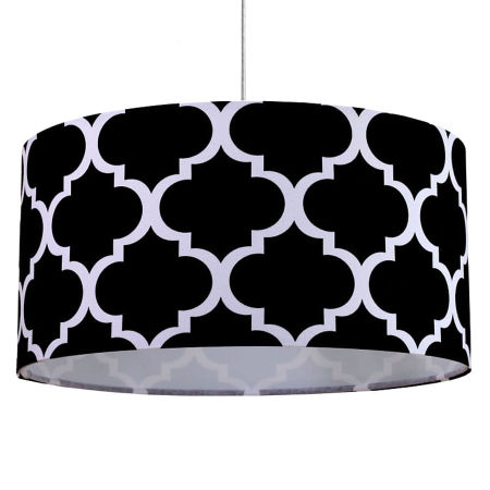 Czarno-biała lampa wisząca z welurowym abażurem w kształcie walca w marokańską koniczynę MAROKO