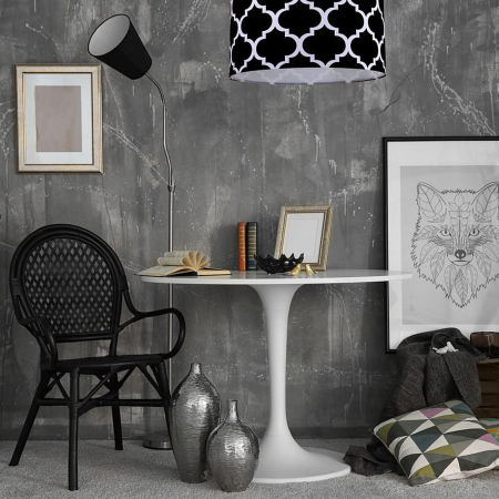 Czarno-biała lampa wisząca z welurowym abażurem w kształcie walca w marokańską koniczynę MAROKO