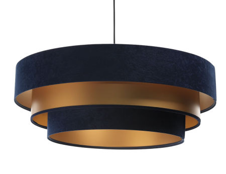 Granatowo-złota lampa wisząca z trzema kloszami z weluru i apli ułożonymi od największego do najmniejszego TRINITI