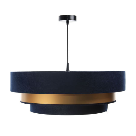 Granatowo-złota lampa wisząca z trzema kloszami z weluru i apli ułożonymi od największego do najmniejszego TRINITI