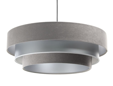 Szaro-srebrna lampa wisząca z trzema kloszami z weluru i apli ułożonymi kaskadowo TRINITI