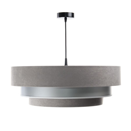 Szaro-srebrna lampa wisząca z trzema kloszami z weluru i apli ułożonymi kaskadowo TRINITI