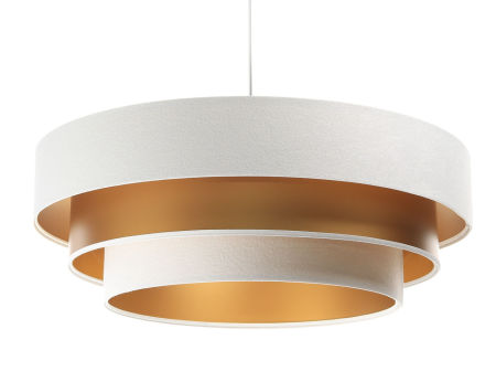 Biało-złota lampa wisząca z trzema kloszami z weluru i apli, ułożonymi od największego do najmniejszego TRINITI