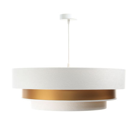 Biało-złota lampa wisząca z trzema kloszami z weluru i apli, ułożonymi od największego do najmniejszego TRINITI