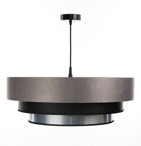 Szaro-czarna lampa wisząca z weluru i apli, z trzema abażurami, szczotkowane srebro TRINITI