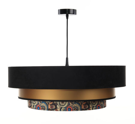 Czarno-złota lampa wisząca z okrągłymi abażurami z weluru i apli, kolorowy orientalny wzór TRINITI