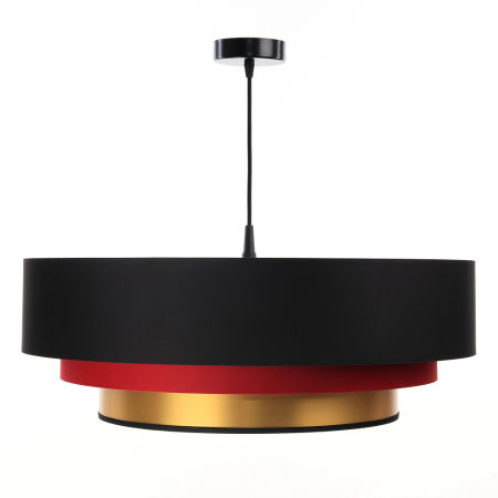 Czarno-czerwono-złota lampa wisząca z trzema kloszami z satyny i apli ułożonymi kaskadowo TRINITI