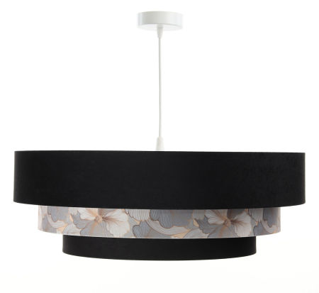 Czarno-biała lampa wisząca z weluru, z trzema abażurami, kwiatowy wzór TRINITI