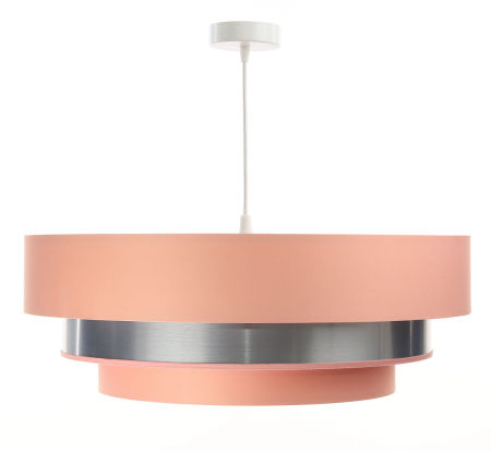 Łososiowo-srebrna lampa wisząca z abażurami z weluru i apli o kaskadowym ułożeniu ze srebrnym wnętrzem TRINITI