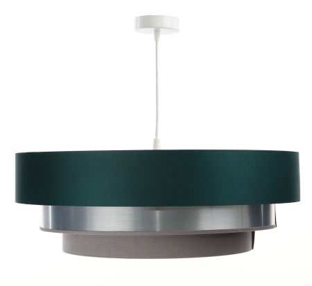 Zielono-szaro-srebrna lampa wisząca kloszami z satyny i apli ułożonymi kaskadowo TRINITI