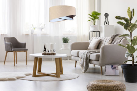 Beżowo-brązowa lampa wisząca z asymetrycznym kloszem z białym wnętrzem NARINA