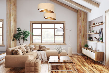 Beżowo-biała lampa wisząca z welurowym kloszem ze złotym wnętrzem, asymetria AILLA MIX