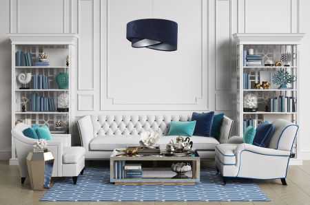 Granatowa lampa wisząca, welurowa, z asymetrycznym abażurem ze srebrnym wnętrzem LEA