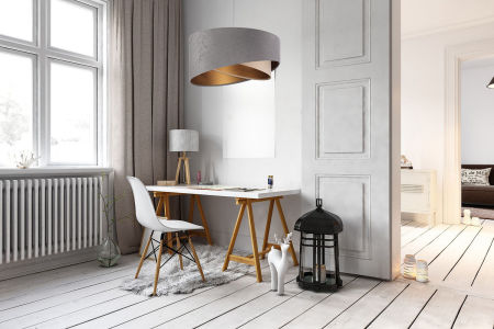 Szaro-beżowa lampa wisząca z asymetrycznym kloszem z weluru ze złotym wnętrzem MIX