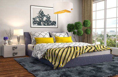 Biała lampa wisząca z welurowym, asymetrycznym kloszem z żółtym wnętrzem UNA