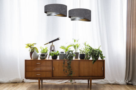 Grafitowo-szara lampa wisząca, welurowa, z asymetrycznym abażurem ze złotym i srebrnym wnętrzem MEDINIA