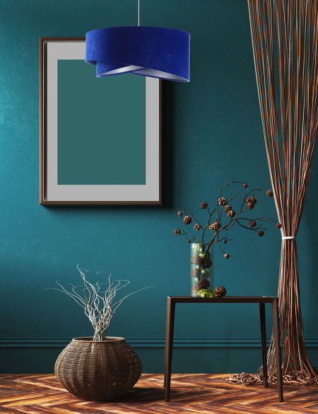 Kobaltowa lampa wisząca asymetria z welurowym abażurem ze srebrnym wnętrzem RINEA