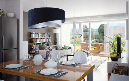 Granatowo-biała lampa wisząca asymetria z welurowym abażurem ze srebrnym wnętrzem NESSA