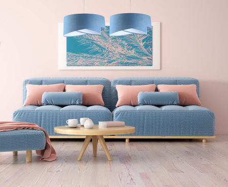 Niebieska lampa wisząca, welurowa, z asymetrycznym abażurem z białym wnętrzem ALISON