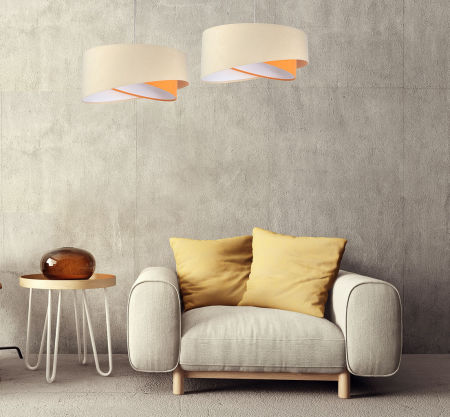 Kremowo-pomarańczowa lampa wisząca z welurowym kloszem z białym wnętrzem, asymetryczna ISABELL