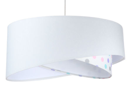 Biała lampa wisząca z welurowym, asymetrycznym kloszem w pastelowe kropki z białym wnętrzem BELLA
