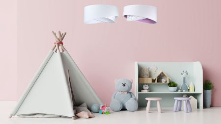 Biała lampa wisząca z welurowym, asymetrycznym kloszem w pastelowe kropki z białym wnętrzem BELLA